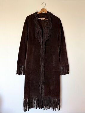 Insane Vintage Genuine Leather Cool Brown Fringe Trim Trenchcoat
